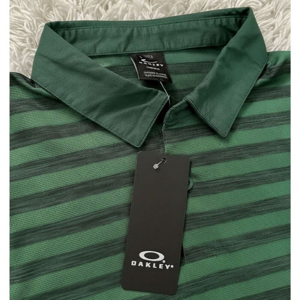 New Oakley Aero Striped Polo Golf Shirt Green Pine Forest (Small)